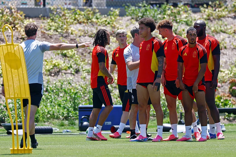 Football - FIFA World Cup 2026 - Belgium Training - Carson Sports Park, Carson, California, U.S. - July 9, 2026
Belgium's Youri Tielemans, Axel Witsel, Alexis Saelemaekers and Romelu Lukaku during training 