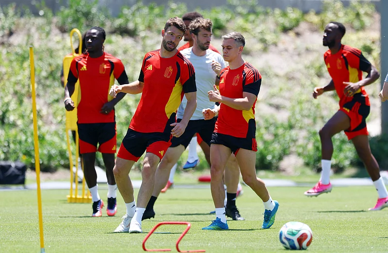  Football - FIFA World Cup 2026 - Belgium Training - Carson Sports Park, Carson, California, U.S. - July 9, 2026
Belgium's Leandro Trossard and Brandon Mechele during training 