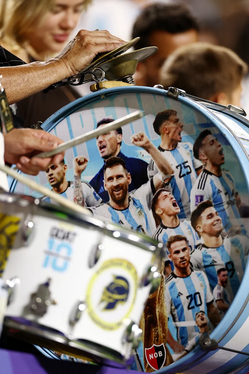 Football - FIFA World Cup 2026 - Quarter Final - Argentina v Switzerland - Kansas City Stadium, Kansas City, Missouri, U.S. - July 11, 2026
Argentina fans celebrate after the match with Argentina's Lionel Messi displayed on a drum as Argentina qualify for the semi finals of the World Cup 