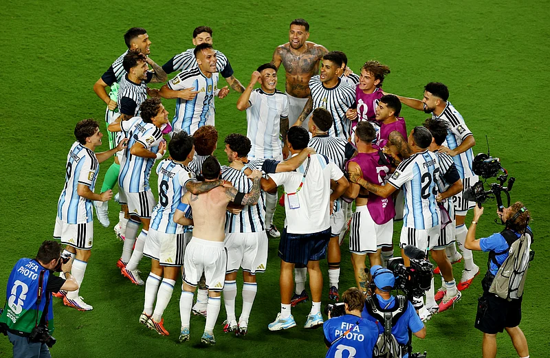 Football - FIFA World Cup 2026 - Quarter Final - Argentina v Switzerland - Kansas City Stadium, Kansas City, Missouri, U.S. - July 11, 2026
Argentina players celebrate after the match 