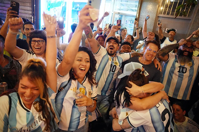 Football - FIFA World Cup 2026 - Quarter Final - Argentina v Switzerland - Fans gather in New York - New York City, New York, U.S. - July 11, 2026
Argentina fans celebrate after the match