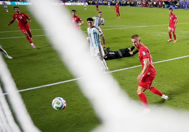 Football - FIFA World Cup 2026 - Quarter Final - Argentina v Switzerland - Kansas City Stadium, Kansas City, Missouri, U.S. - July 11, 2026
Argentina's Lautaro Martinez scores their third goal