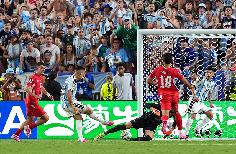Football - FIFA World Cup 2026 - Quarter Final - Argentina v Switzerland - Kansas City Stadium, Kansas City, Missouri, U.S. - July 11, 2026
Argentina's Lautaro Martinez scores their third goal 