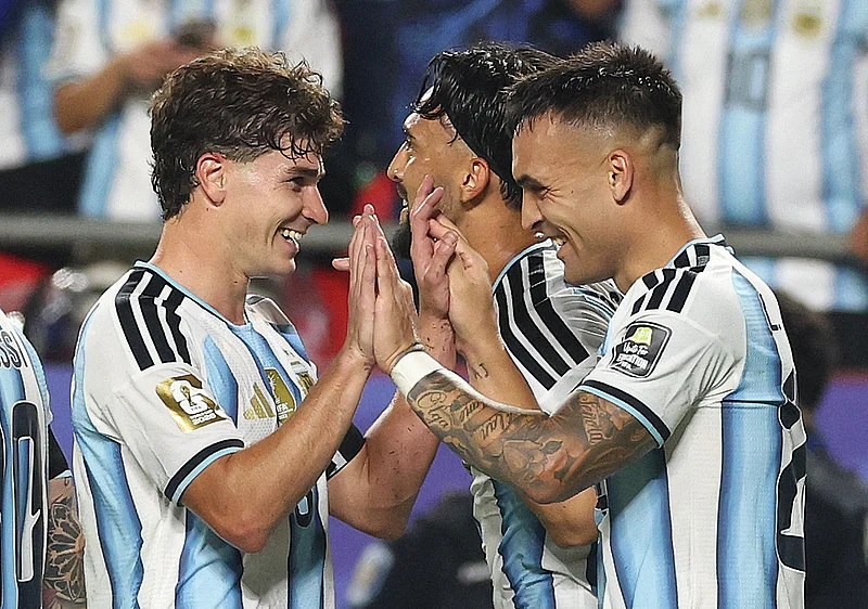 Football - FIFA World Cup 2026 - Quarter Final - Argentina v Switzerland - Kansas City Stadium, Kansas City, Missouri, U.S. - July 11, 2026
Argentina's Lautaro Martinez celebrates scoring their third goal with Julian Alvarez 