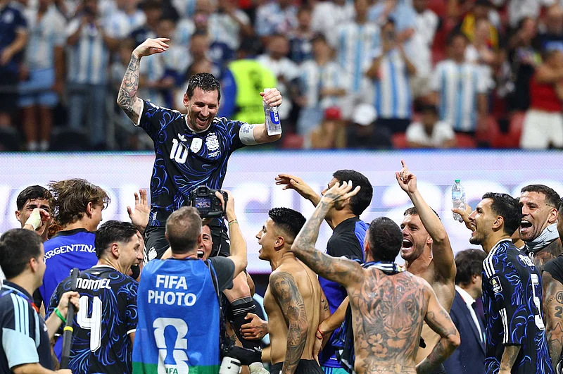 Soccer Football - FIFA World Cup 2026 - Semi Final - England v Argentina - Atlanta Stadium, Atlanta, Georgia, U.S. - July 15, 2026
Argentina's Lionel Messi and teammates celebrate after the match IMAGN IMAGES via Reuters/Nathan Ray Seebeck