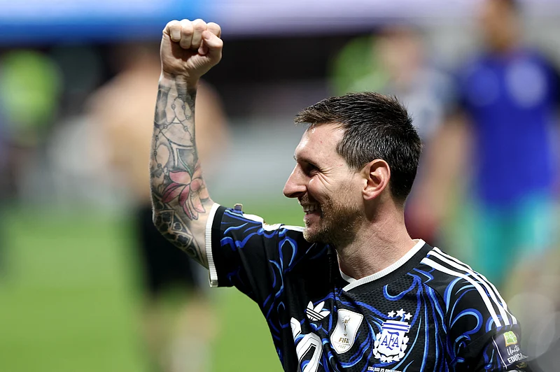 Soccer Football - FIFA World Cup 2026 - Semi Final - England v Argentina - Atlanta Stadium, Atlanta, Georgia, U.S. - July 15, 2026
Argentina's Lionel Messi celebrates after the match as Argentina qualify for the final of the World Cup REUTERS/Amanda Perobelli