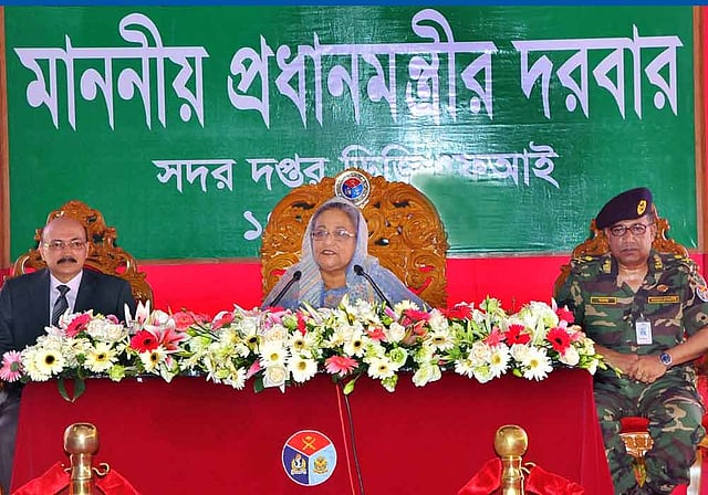 Prime Minister Sheikh Hasina addresses DGFI members at Dhaka Cantonment on Wednesday. Photo: Focus Bangla