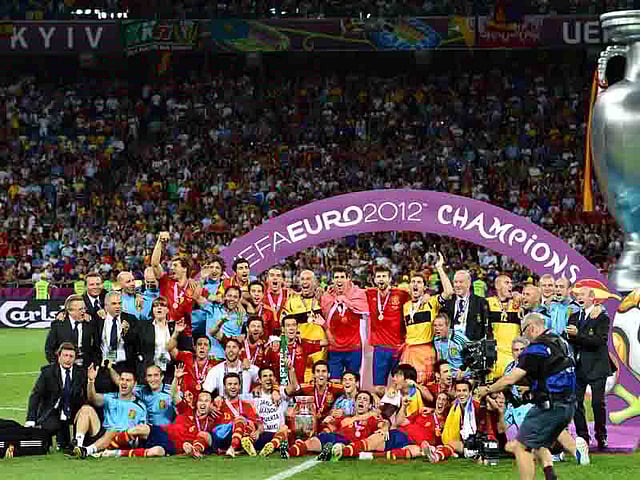 Spanish players celebrate after winning the Euro 2012 football championships final match Spain vs Italy on July 1, 2012 at the Olympic Stadium in Kiev. AFP
