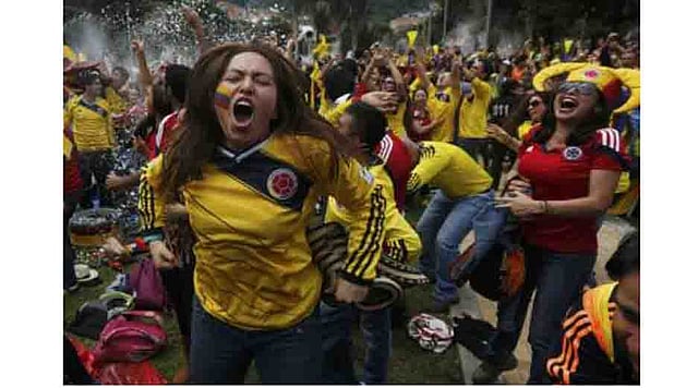 Colombia fans celebrate a goal during the World Cup Group C soccer match between Colombia and Greece, at a park in Bogota June 14, 2014. Reuters