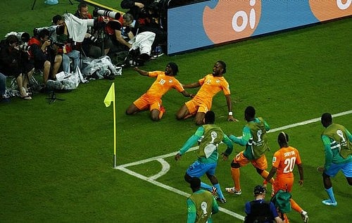 Ivory Coast's Gervinho and Didier Drogba celebrate their goal. Photo: Reuters