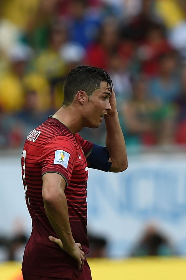 Portugal's forward and captain Cristiano Ronaldo reacts during the Group G football match between Germany and Portugal at the Fonte Nova Arena in Salvador on June 16, 2014, during the 2014 FIFA World Cup. AFP