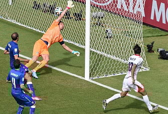 Costa Rica's forward Bryan Ruiz (R) scores against Italy's goalkeeper Gianluigi Buffon. AFP
