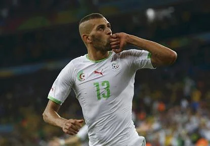 Algeria's Islam Slimani celebrates after scoring a goal during their 2014 World Cup Group H soccer match against Russia at the Baixada arena in Curitiba on June 26, 2014. Reuters