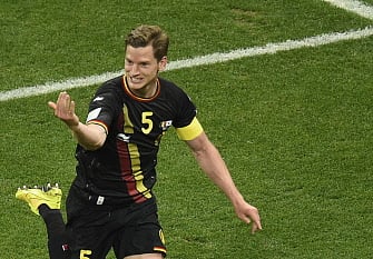 Belgium's defender and captain Jan Vertonghen celebrates after scoring during a Group H football match between South Korea and Belgium at the Corinthians Arena in Sao Paulo during the 2014 FIFA World Cup on June 26, 2014. AFP