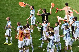 Argentina's players celebrate after winning a quarter-final football match between Argentina and Belgium at the Mane Garrincha National Stadium in Brasilia during the 2014 FIFA World Cup on July 5, 2014. AFP