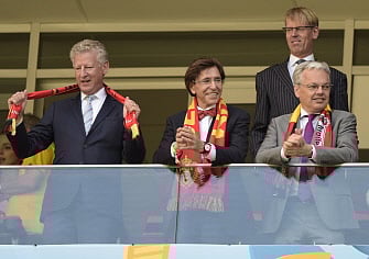 (From L) Belgium's Defence Minister Pieter De Crem, outgoing Prime Minister Elio Di Rupo and outgoing Vice-Prime Minister and Foreign Minister Didier Reynders attend the quarter-final football match between Argentina and Belgium at the Mane Garrincha National Stadium in Brasilia during the 2014 FIFA World Cup on July 5, 2014. AFP