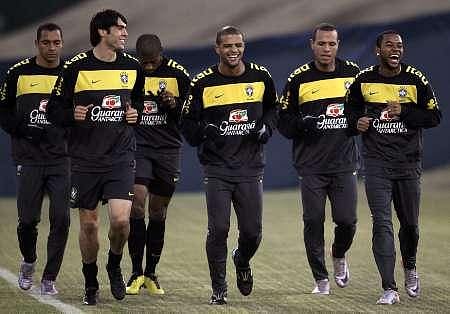 Brazilian player Kaka left to right  (2nd) warms at Ellis Park stadium in Johannesburg. File photo: Reuters.