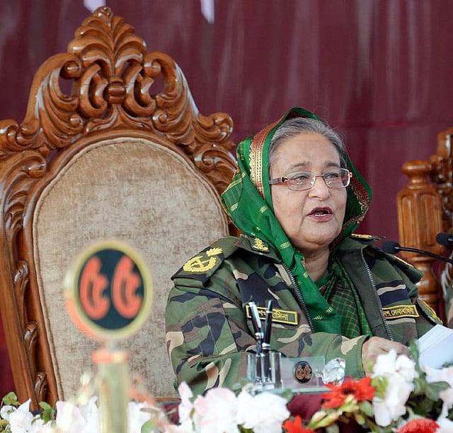 PM Sheikh Hasina speaks at the Winter Traning-2014-15 session and Assault River Crossing Exercise by the 55 Infantry Division at Sonakanda on the Gorai River bank in Baliakandi upazila on Thursday.