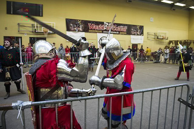 Fighters from the British team 'Battle Heritage Lions' and 'Silesia Raubritter' of Poland battle it out during the 'Rise of the Knights III' tournament in Bernau, north of Berlin. AFP