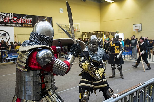 Fighters from 'Battle Heritage Lions' of Britain battle it out with 'The Trolls' from the Czech Republic during the 'Rise of the Knights III' tournament in Bernau, north of Berlin. AFP