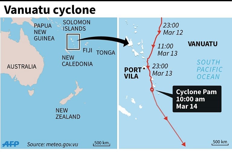 Map showing the path of Cyclone Pam in Vanuatu. AFP