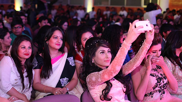 Lux superstar Mehjabin, news presenter Farhana Nisho, and actress Ishita are framed while taking selfie at Meril-Prothom Alo award reception on 08 May 2015. Photo: Monirul Alam