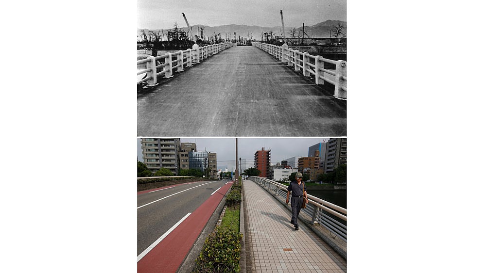 A combination picture shows the shadows of railings that were imprinted on the road surface of Yorozuyo Bridge by the heat of the atomic bombing of Hiroshima on August 6, 1945, in this undated handout photo taken by the U.S. Army and distributed by the Hiroshima Peace Memorial Museum (top), and the same location on July 29, 2015.