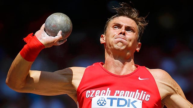 Adam Sebastian Helcelet of Czech Republic competes in the shot put event of the men
