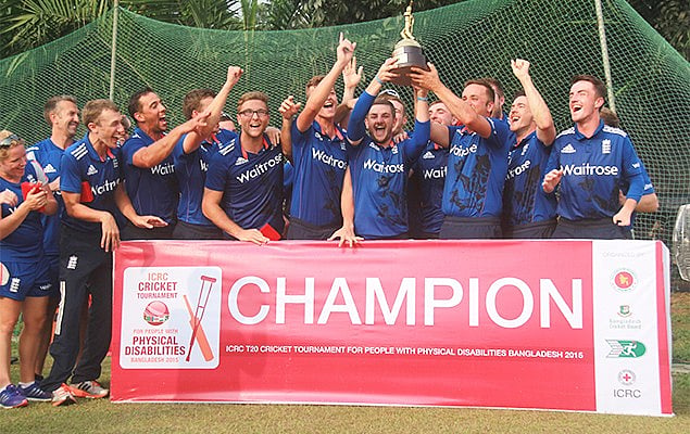 English T20 cricket team players react after they clinche the first edition of the ICRC International T20 Cricket Tournament. Photo: BCB
