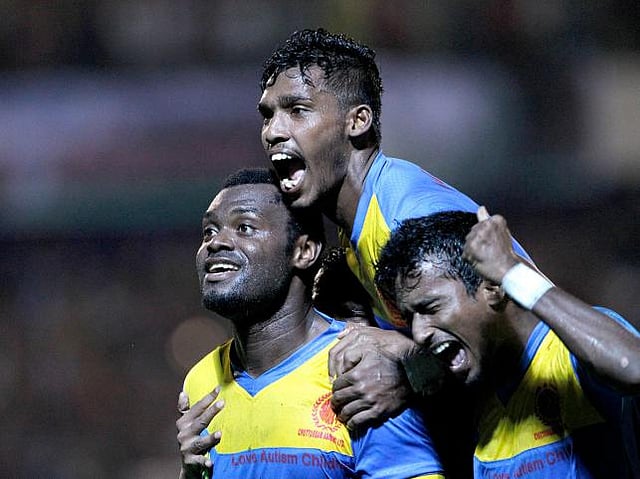 Abhani’s Elita celebrates after scoring a goal in MA Aziz Stadium in Chittagong. Shamsul Haque