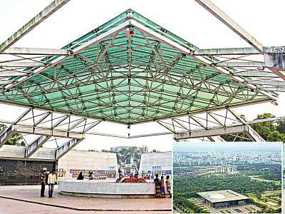 Late president Ziaur Rahman’s grave in Chandrima Uddyan in the capital. Bangabandhu International Conference Center, and Jatiya Sangsad at Sher-e-Bangla Nagar in inset. Photo: Shahdat Parvez