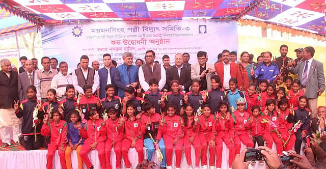 State minister for power, energy and mineral resources Nasrul Hamid, along with others, inaugurated the power connection line in a programme held on the premises of Kalsindur playground in Dhobaura of Mymensingh on Saturday. Photo: Jaglul Pasha