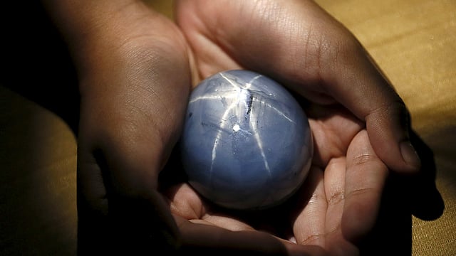 The owner of the world`s largest blue sapphire holds it for photographs during an interview with Reuters in Colombo January 6, 2016.