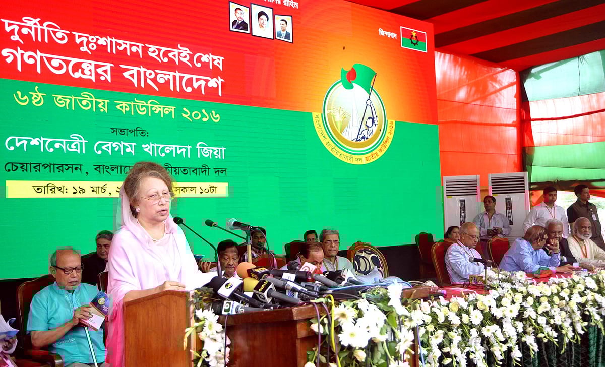 Khaleda Zia addresses the inaugural session of her party’s 6th national council at the Institution of Engineers, Bangladesh. Photo: BNP