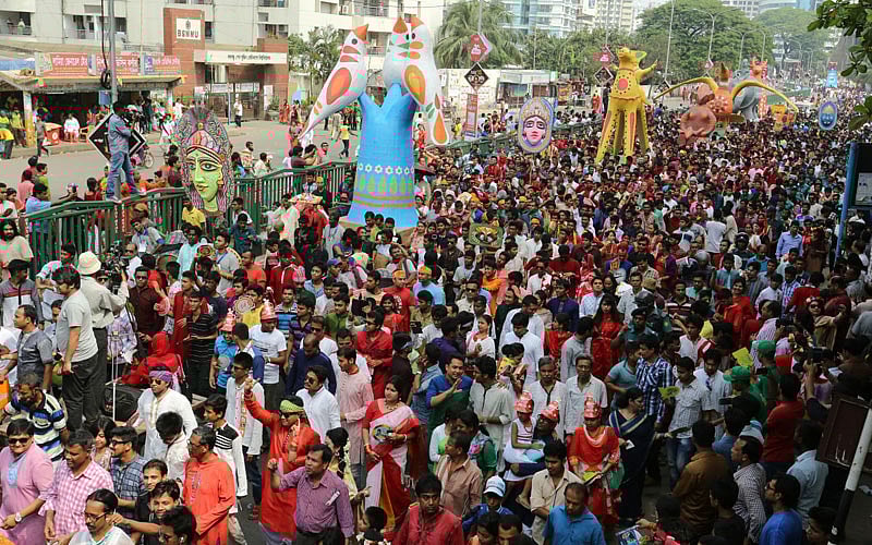A shot of the colourful Mangol Shobhajatra, a procession brought on Pahela Baishakh every year by the students of Fine Arts faculty of Dhaka University. Photo: Zahidul Karim