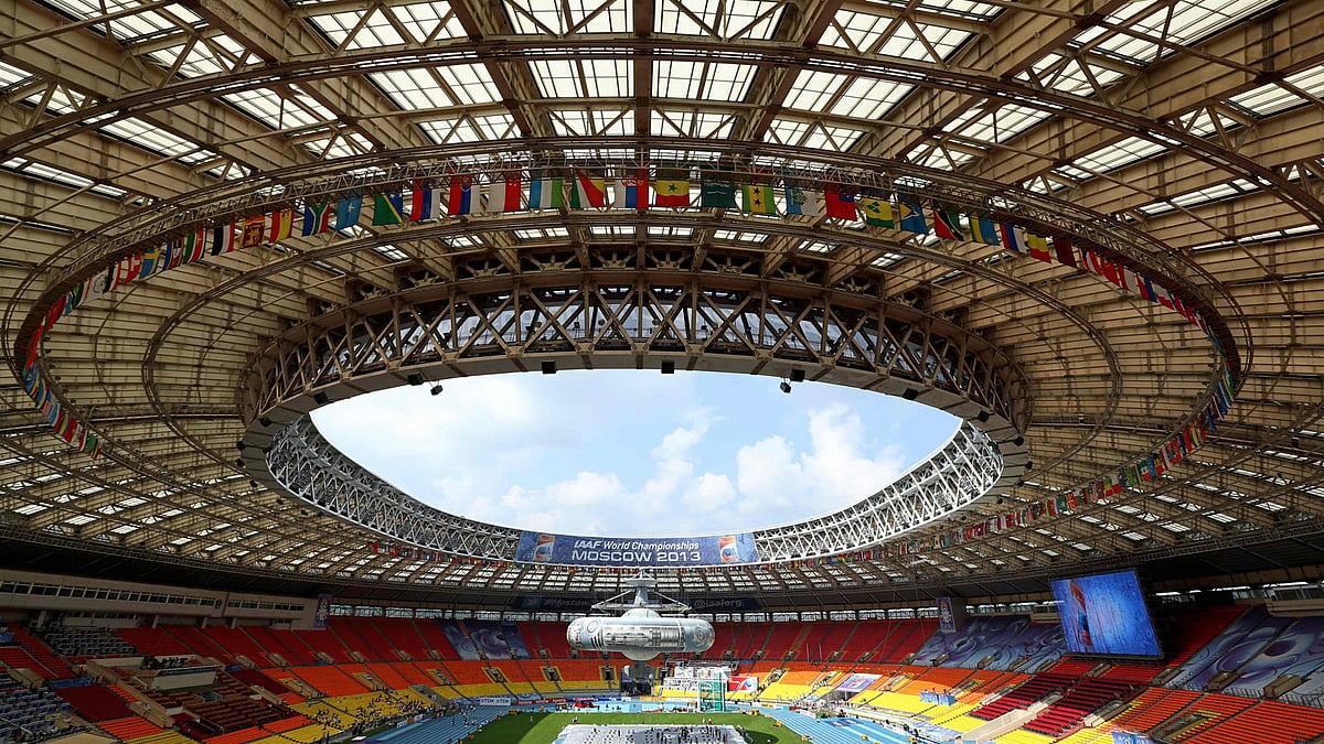 This file photo taken on August 05, 2013 in Moscow shows a general view of the Luzhniki stadium during a rehearsal of the opening ceremony ahead of the world athletics championships which took place in from August 10 to August 18, 2013. Photo: AFP