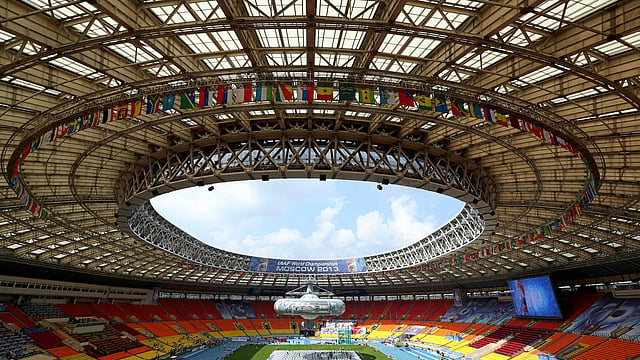 This file photo taken on August 05, 2013 in Moscow shows a general view of the Luzhniki stadium during a rehearsal of the opening ceremony ahead of the world athletics championships which took place in from August 10 to August 18, 2013. Photo: AFP