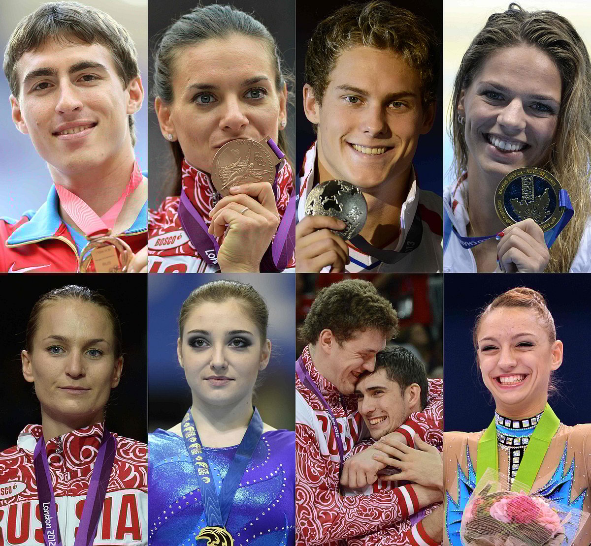 Top row, from left: Sergey Shubenkov (men’s 110 metres hurdles), Yelena Isinbayeva (women’s pole vault), Vladimir Morozov (men’s 50-metre freestyle swim), and Yuliya Efimova (women’s 100m breaststroke swim). Second row, from left: Sofya Velikaya (Women’s sabre), Aliya Mustafina (Artistic Gymnastics), Dmitriy Muserskiy (L) and Dmitriy Ilinykh (men’s volleyball), and Evgenia Kanaeva (Rhythmic Gymnastics). Photo: AFP