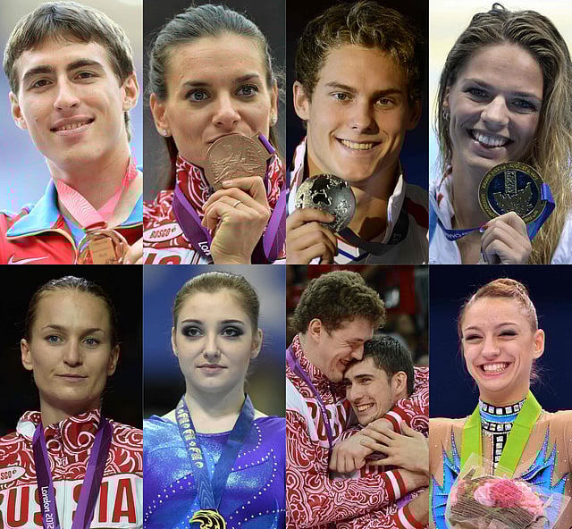 Top row, from left: Sergey Shubenkov (men’s 110 metres hurdles), Yelena Isinbayeva (women’s pole vault), Vladimir Morozov (men’s 50-metre freestyle swim), and Yuliya Efimova (women’s 100m breaststroke swim). Second row, from left: Sofya Velikaya (Women’s sabre), Aliya Mustafina (Artistic Gymnastics), Dmitriy Muserskiy (L) and Dmitriy Ilinykh (men’s volleyball), and Evgenia Kanaeva (Rhythmic Gymnastics). Photo: AFP