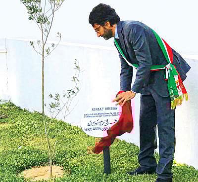 A commemorative garden called Garden of the Righteous, set up in the Tunisian capital Tunis in the honour of five Arab and Muslim righteous individuals, including Bangladeshi Faraaz Ayaaz Hossain, who was killed in the recent Gulshan attack in Dhaka, Bangladesh. Lamberto Bertolè, President of the City Council of Milan, Italy, is seen paying tribute to the memory of Faraaz. Courtesy: Italian embassy, Tunisia