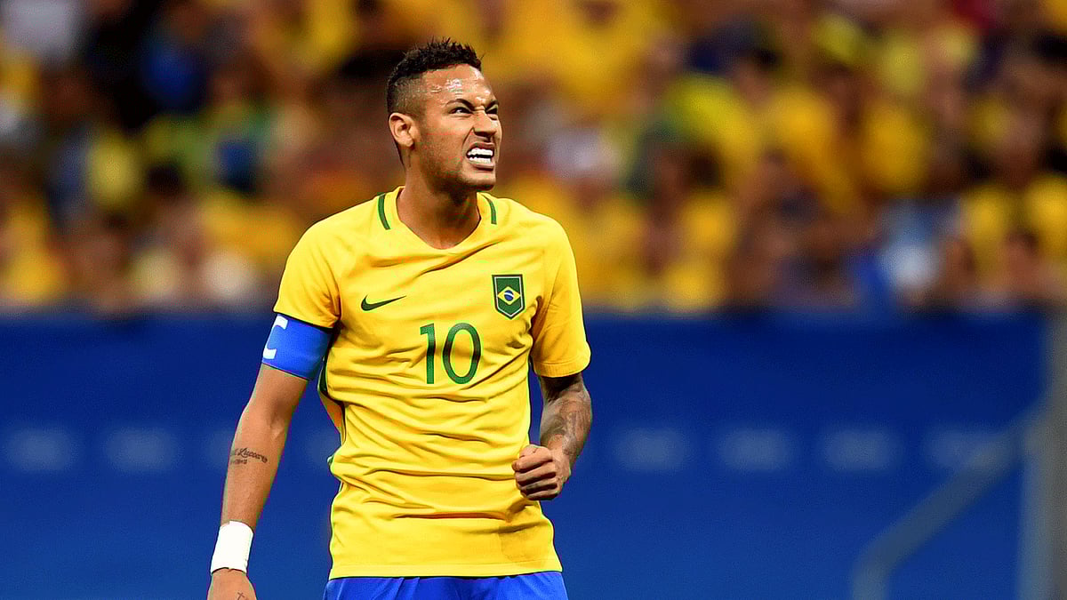 Brazil`s player Neymar reacts during the Rio 2016 Olympic Games Men`s First Round Group A football match against Iraq, at the Mane Garrincha Stadium in Brasilia on August 7, 2016. AFP
