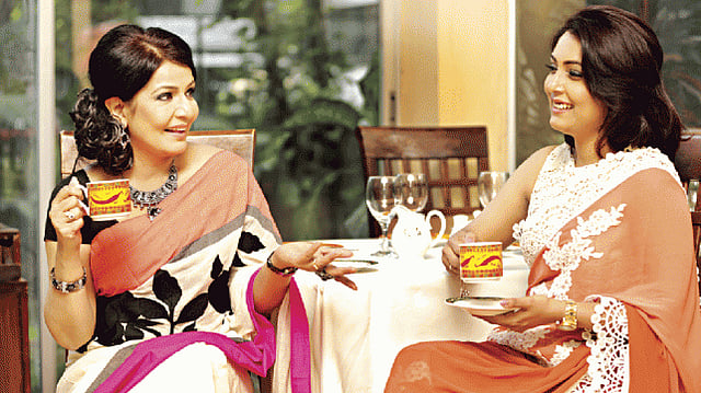 Actress Kumkum Hossain and Biman employee Marufa Mahfuz. Photo: Kabir Hossain Wardrobe: Almira by Shahrukh Amin Makeup: Divine Beauty lounge Location: Khazana Restaurant