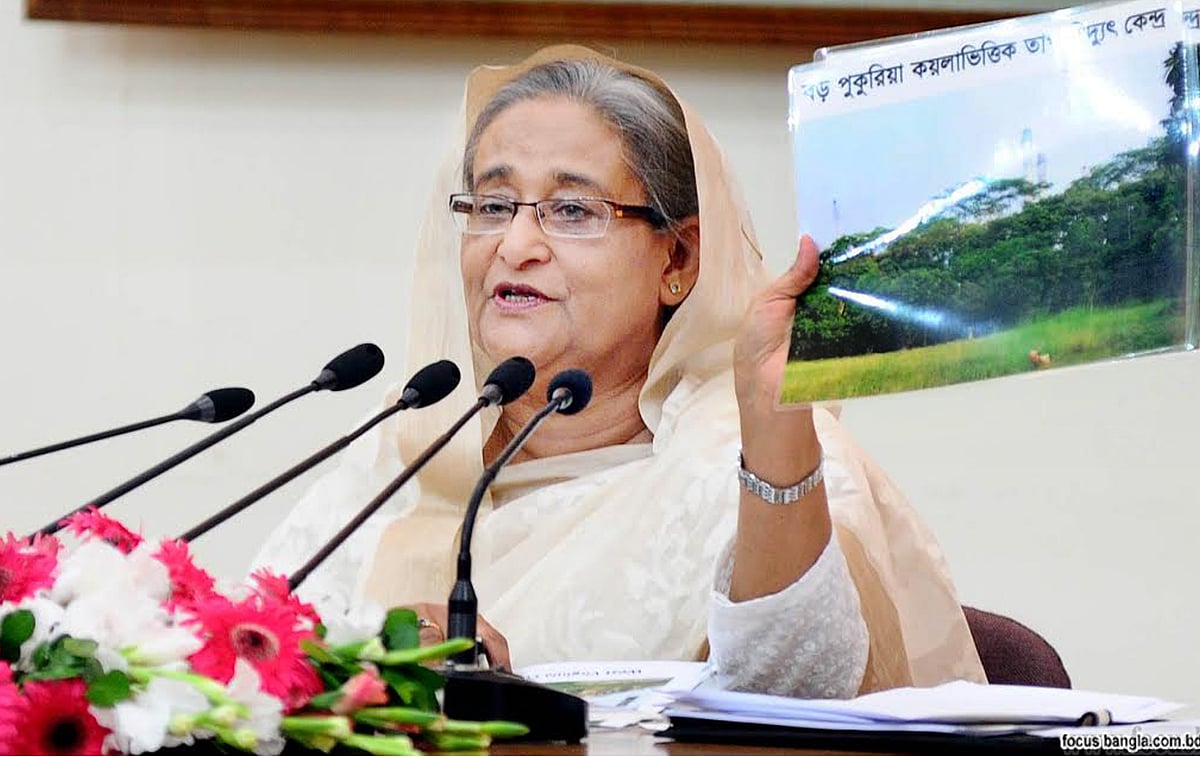 Prime minister Sheikh Hasina on Saturday addresses a press conference at her Gonobhaban residence over Rampal power plant. Photo: Focus Bangla