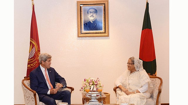 Prime minister Sheikh Hasina meets US Secretary of State John Kerry in her office on Monday. Photo: Focus Bangla