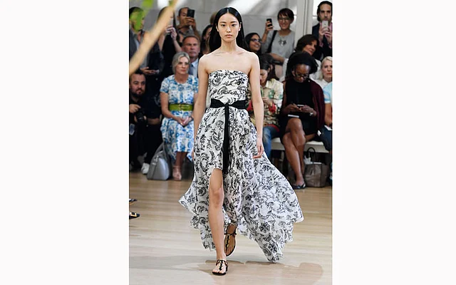 A model walks the runway during the Oscar De La Renta fashion show during New York Fashion Week at The Morgan Library & Museum on Monday. Photo: AFP