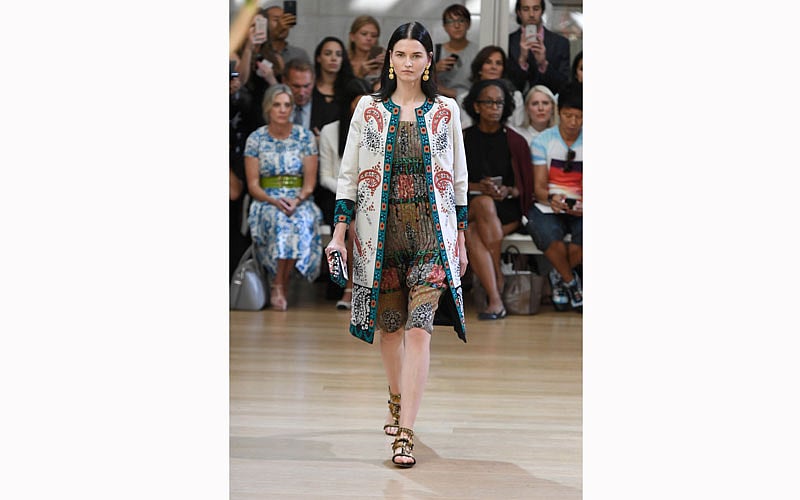 A model walks the runway during the Oscar De La Renta fashion show during New York Fashion Week at The Morgan Library & Museum on Monday. Photo: AFP