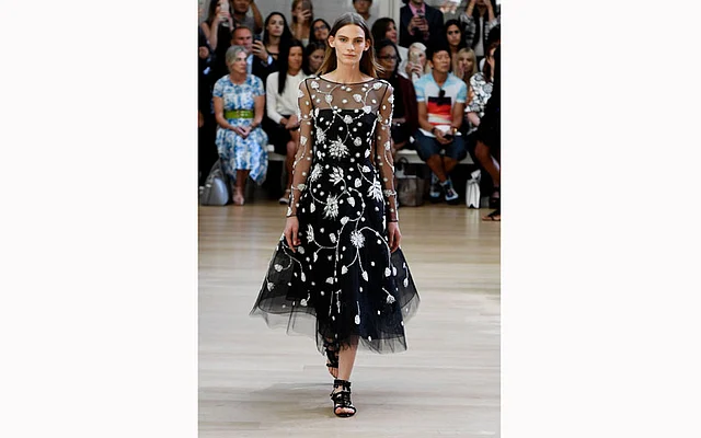 A model walks the runway during the Oscar De La Renta fashion show during New York Fashion Week at The Morgan Library & Museum on Monday. Photo: AFP