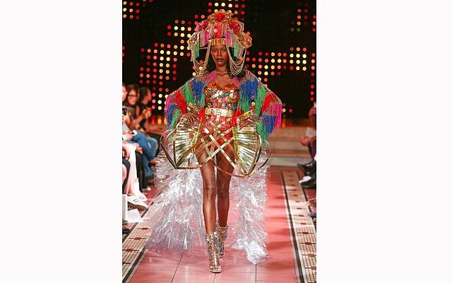 A model walks the runway for Laurel DeWitt at Church of the Holy Apostles on Monday in New York City. Photo: AFP