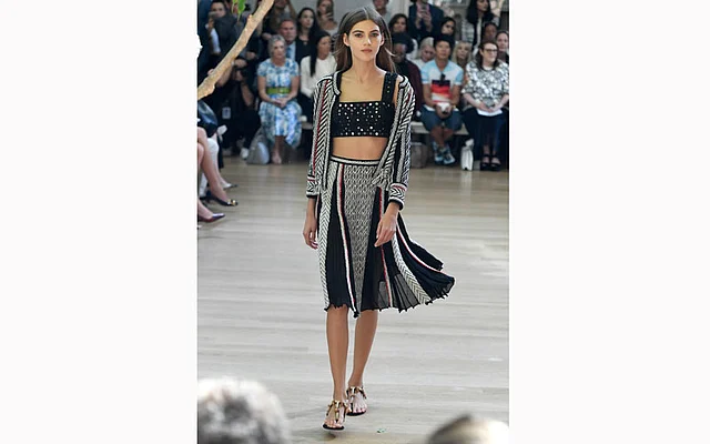 A model walks the runway during the Oscar De La Renta fashion show during New York Fashion Week at The Morgan Library & Museum on Monday. Photo: AFP