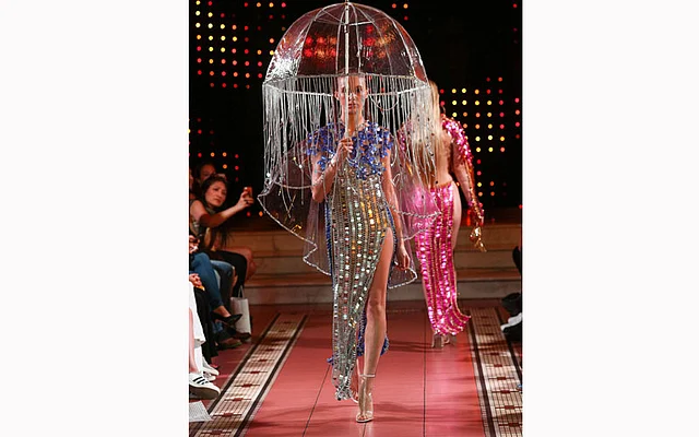 A model walks the runway for Laurel DeWitt at Church of the Holy Apostles on Monday in New York City. Photo: AFP